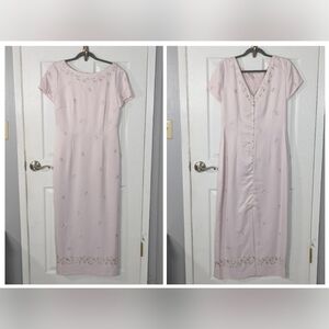Vintage 80s David Warren Floral Embroidered Baby‎ Pink Satin Maxi Dress Size 12